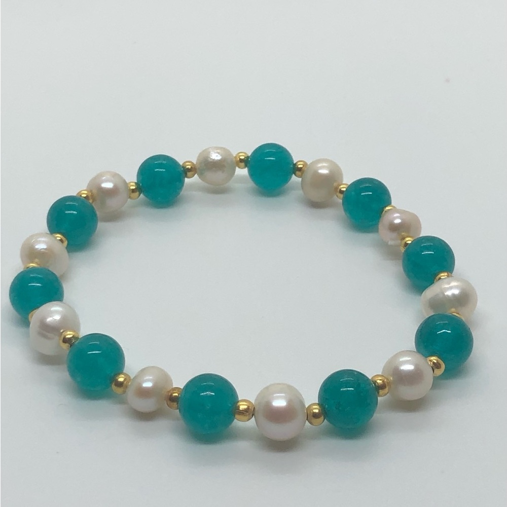 7-8mm Freshwater Pearls & Teal Blue Apatite Beads Bracelet